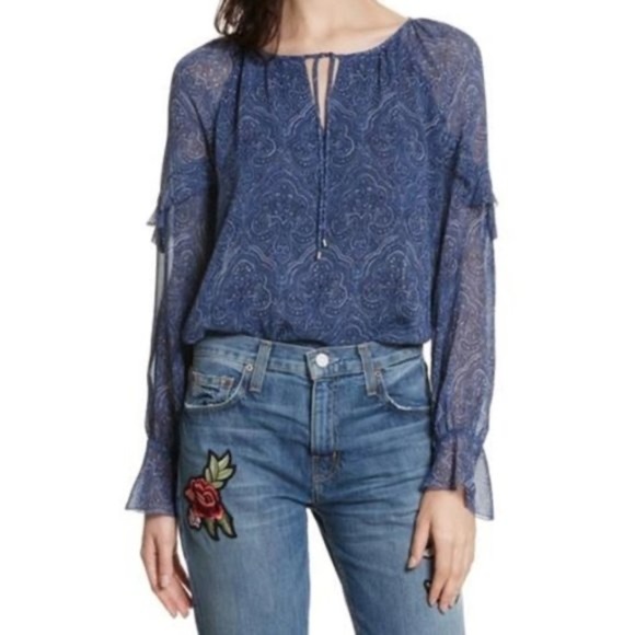 Joie Dark Blue Navy Paisley Print Silk Georgette Blouse Poet Sleeves Small S - Picture 1 of 15